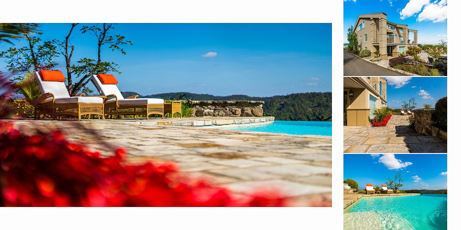 Piscine à débordement et façade - photographie immobilière de prestige
