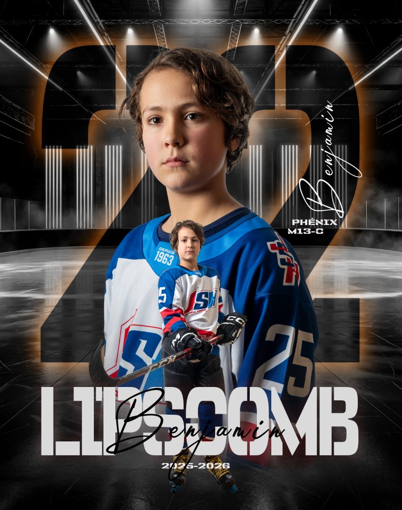 Portrait de joueur de hockey Phénix M13 avec numéro, photographe sportif Montréal
